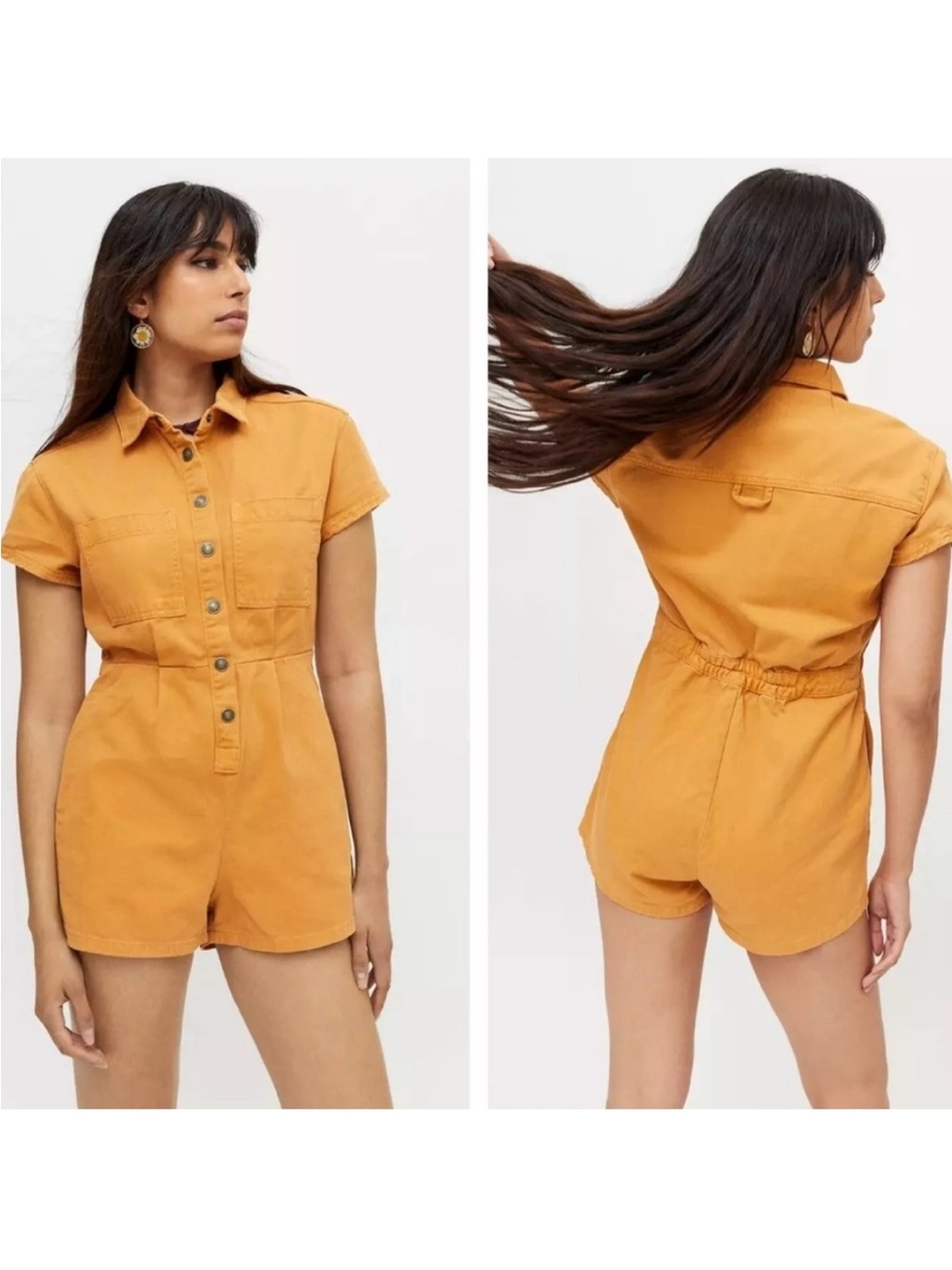 BDG Joey short sleeve coverall romper Urban Outfitters mustard yellow gold denim